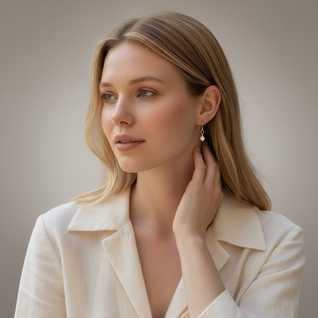 TSJ DINA 14k gold filled drop earrings with a single white freshwater pearl, approximately 1" long.