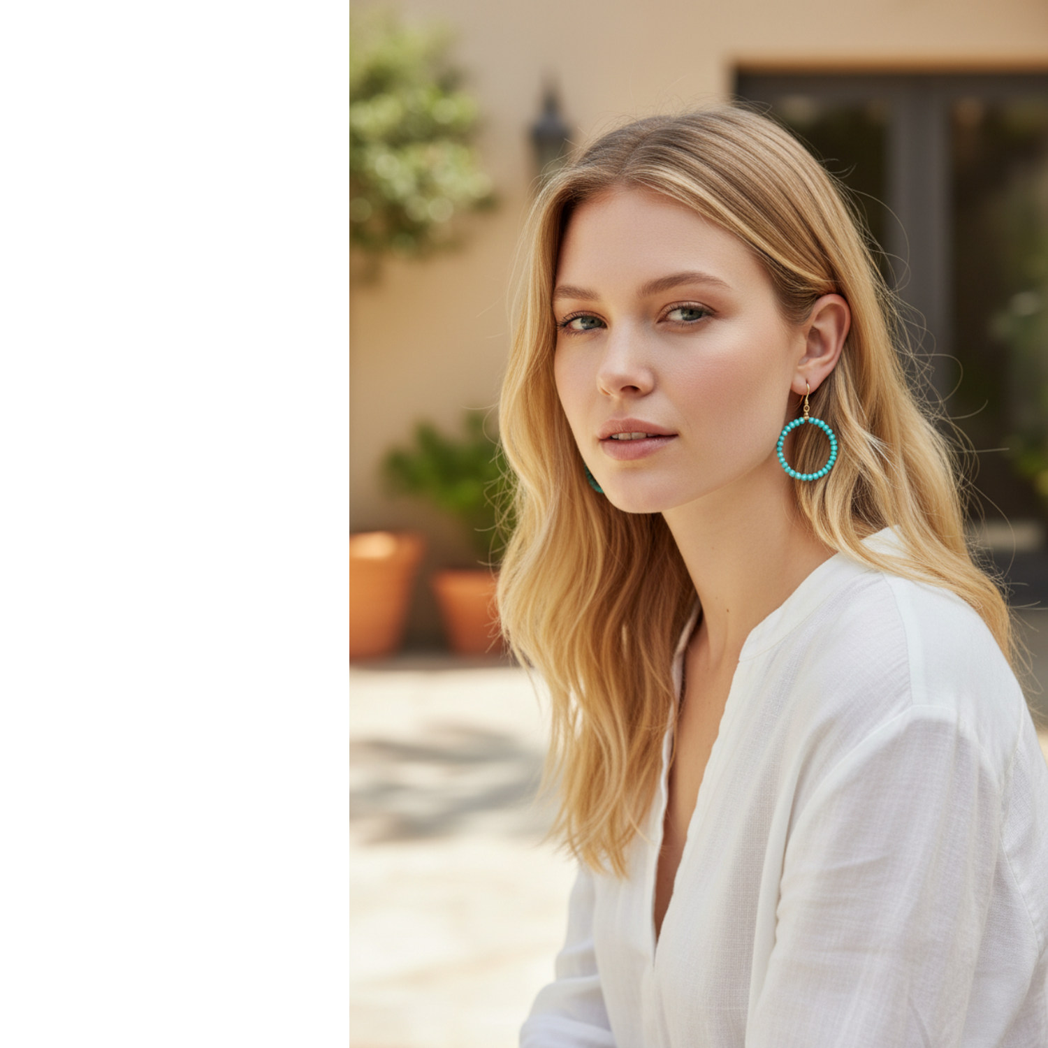 TSJ ELENA boho hoop earrings with turquoise beads and 14K gold filled hooks, approximately 1.5 inches.