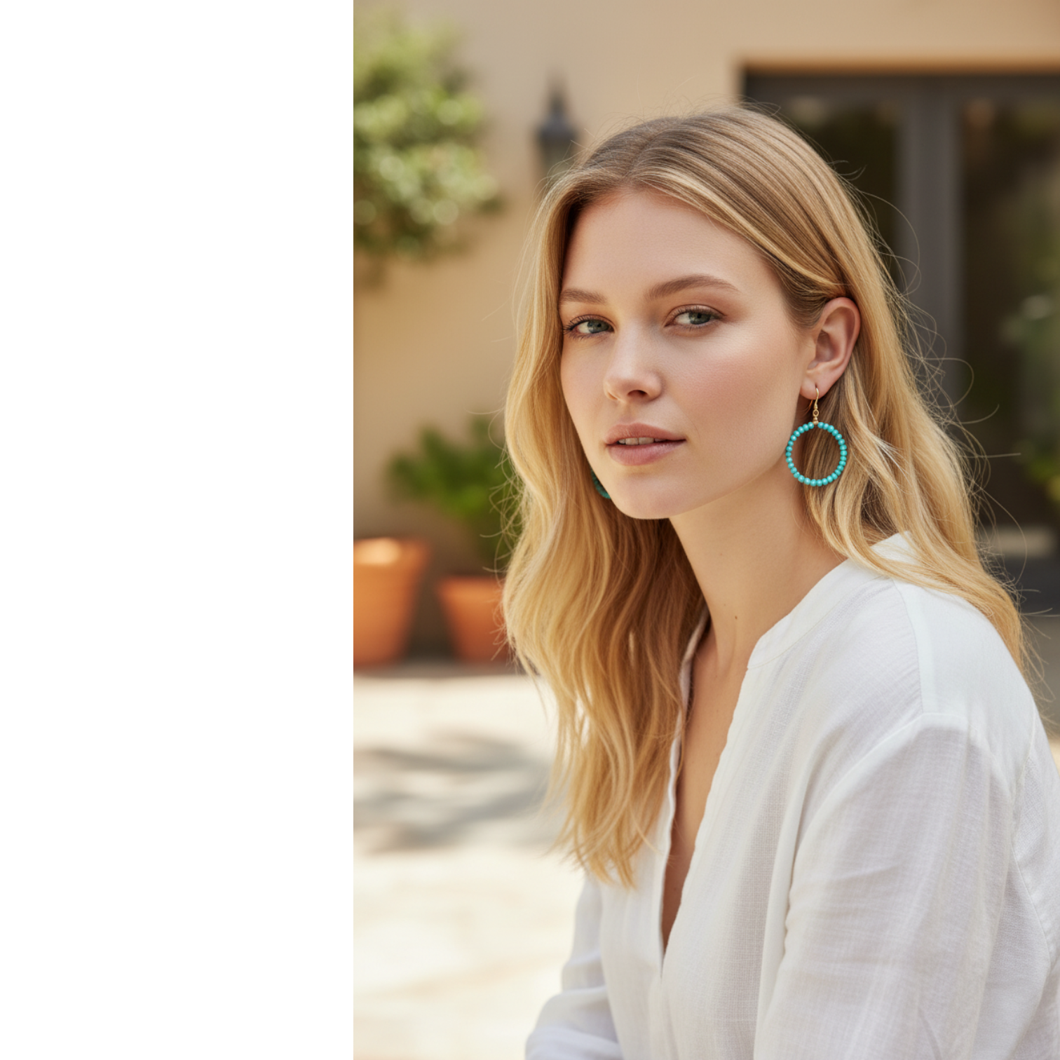 TSJ ELENA boho hoop earrings with turquoise beads and 14K gold filled hooks, approximately 1.5 inches.